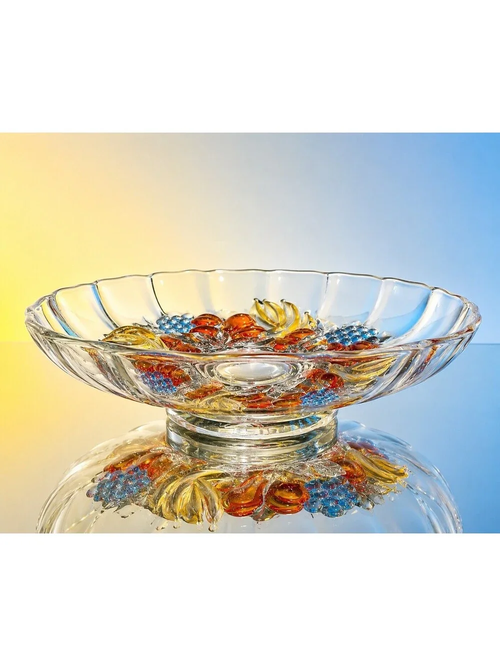 Indiana Glass 1960s Garland Amber Red Blue Fruit Footed Centerpiece Bowl, 13”
